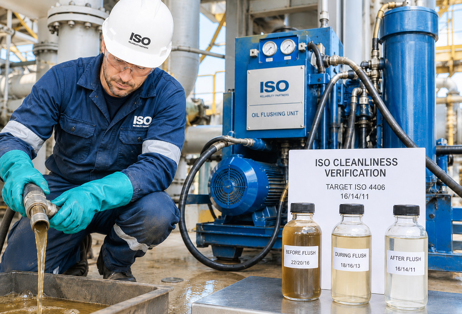 Oil system flushing and ISO cleanliness verification on industrial lubrication equipment