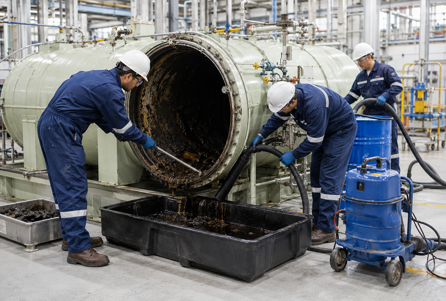 Internal tank cleaning and sludge removal from an industrial oil reservoir