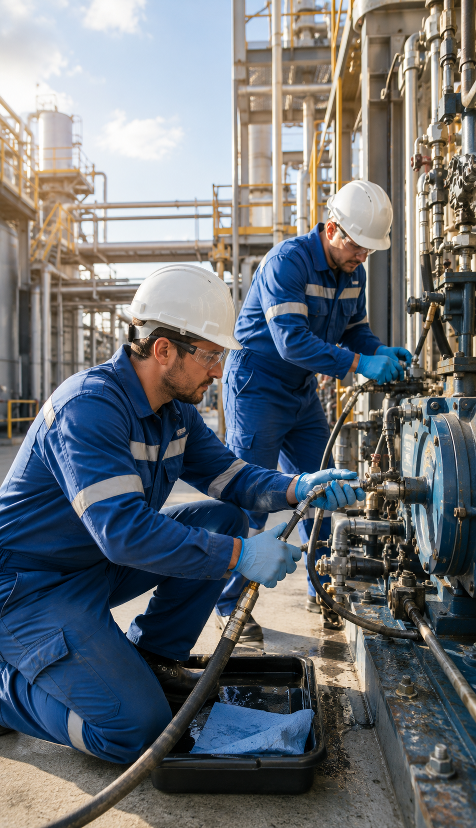 ISO Field Services team performing on-site lubrication system flushing and oil filtration