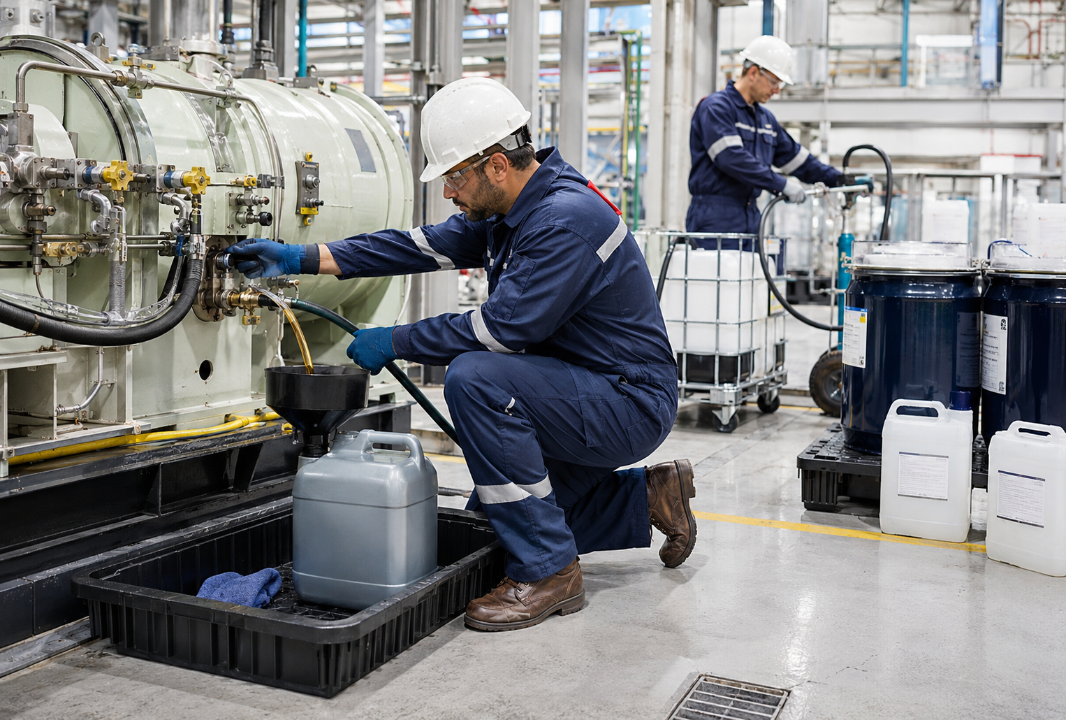 Lubrication system draining and clean fluid storage during industrial field service